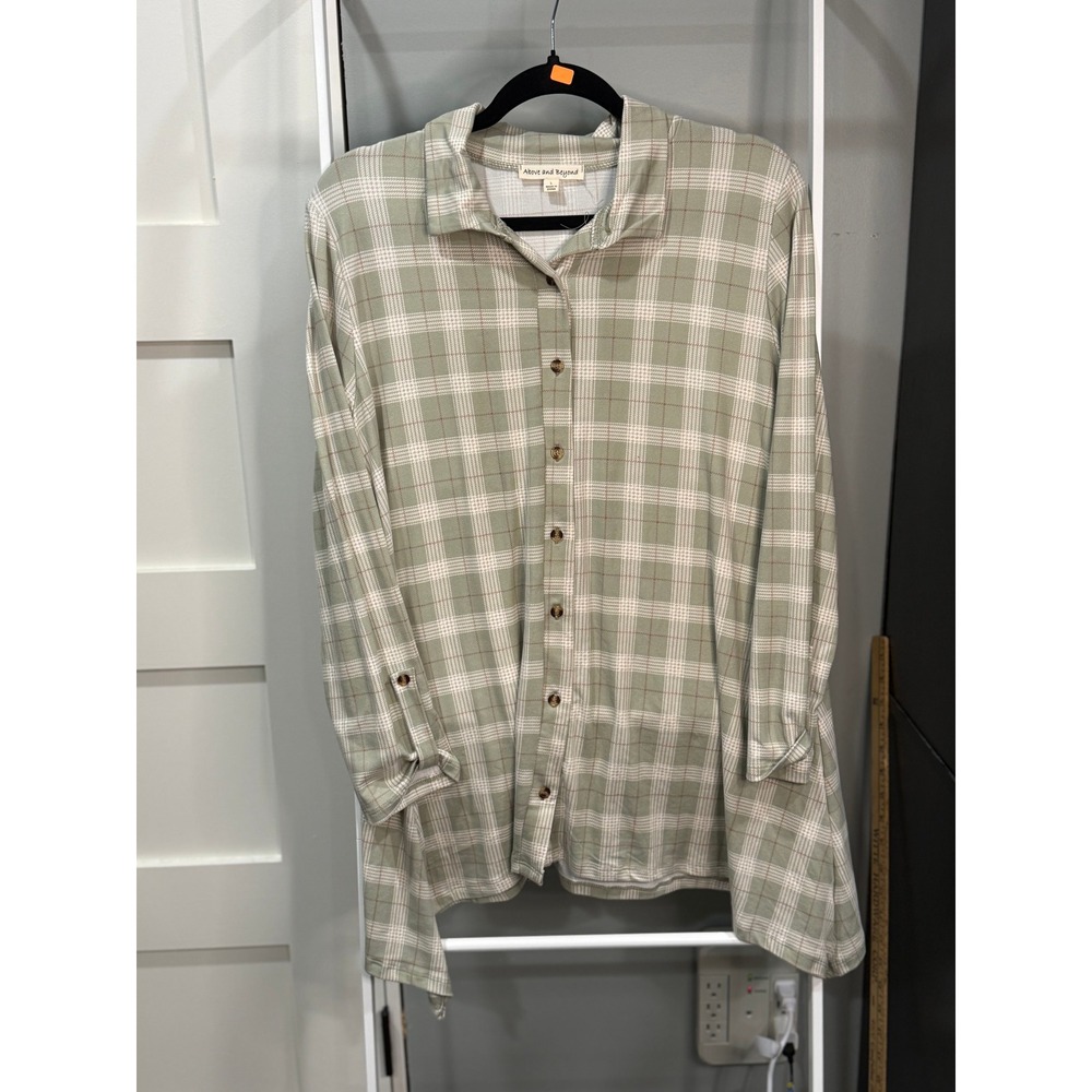 Above and Beyond Sage Green Plaid Button Down Tunic Top Womens Large Gorpcore